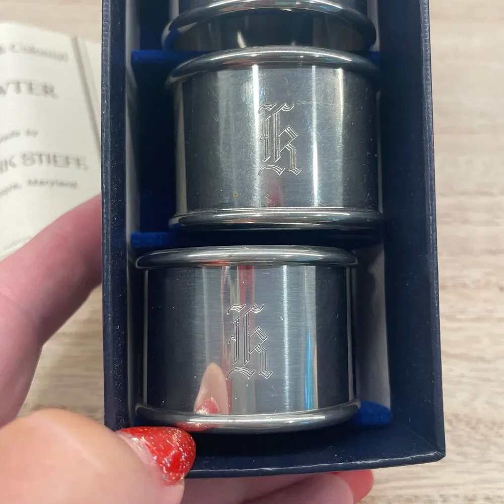 Kirk Stieff Pewter Napkin Rings Set in Box Modern & Colonial Vintage Table